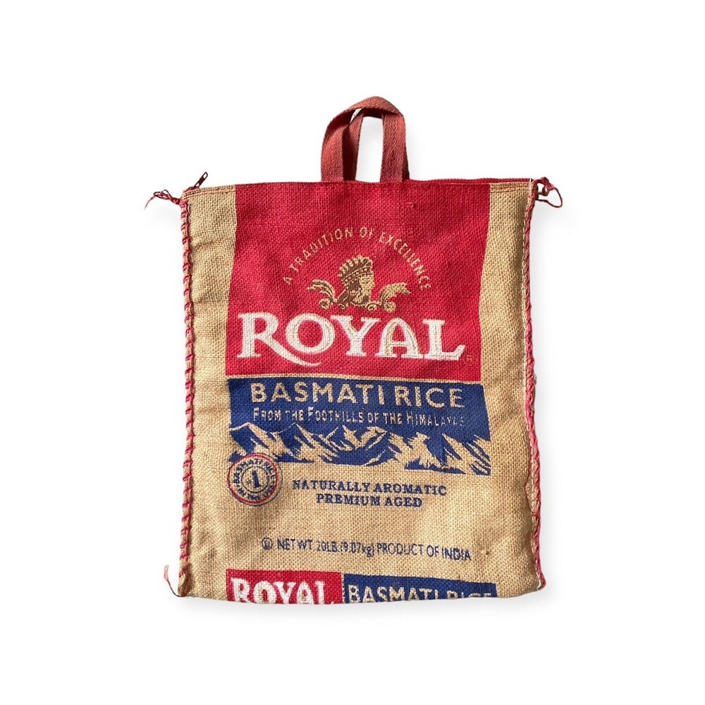 ROYAL BASMATI EMPTY Rice Burlap Bag Sack Handles Zipper Storage Trick or Treat